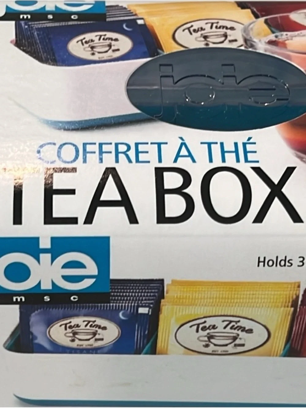 Joie Tea Box White and Blue Accent it holds 36 tea bags.